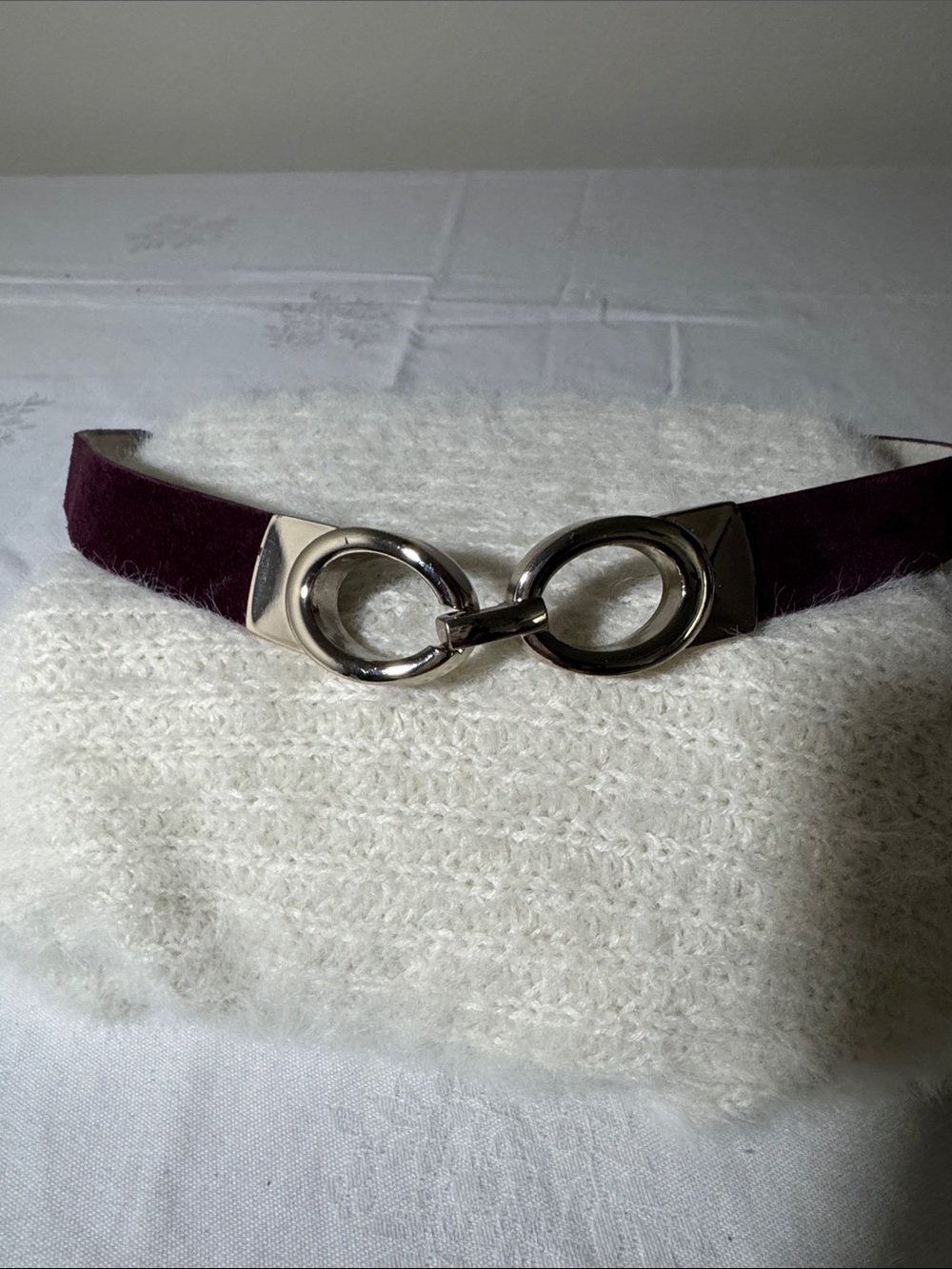White House Black Market Plum Suede Belt with Silver Linked Buckle